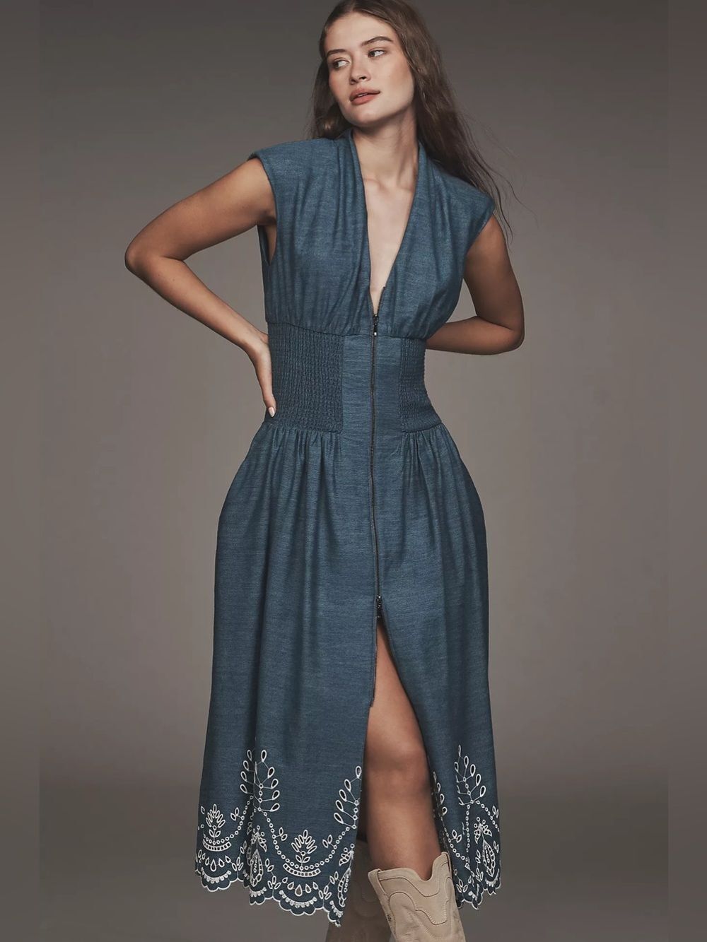 Anthropologie Tommie Denim Eyelet Trim Dress Size L